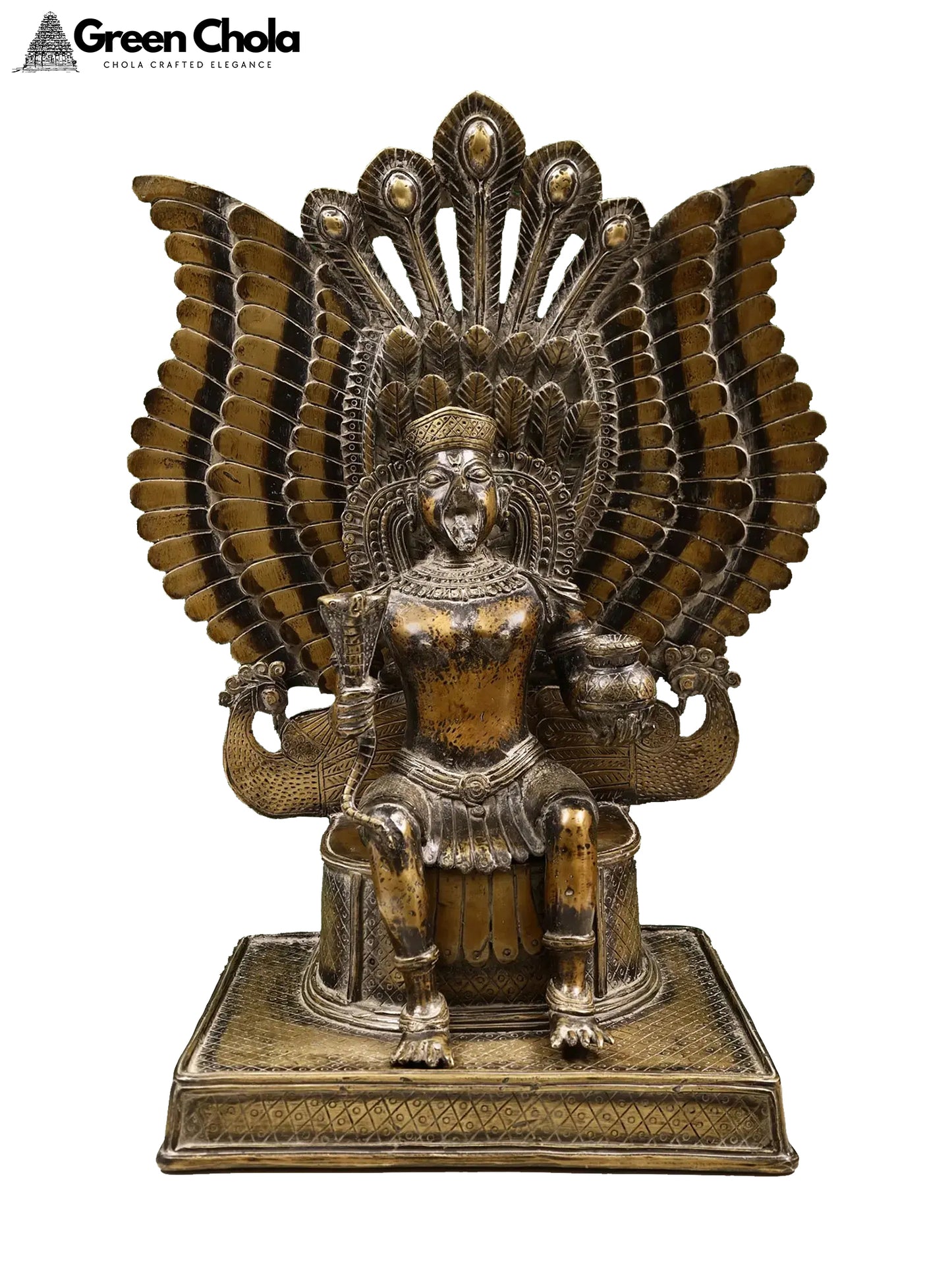 Garuda Seated on a Peacock Throne, Holding an Amrit Kalash and a Serpent in His Hands