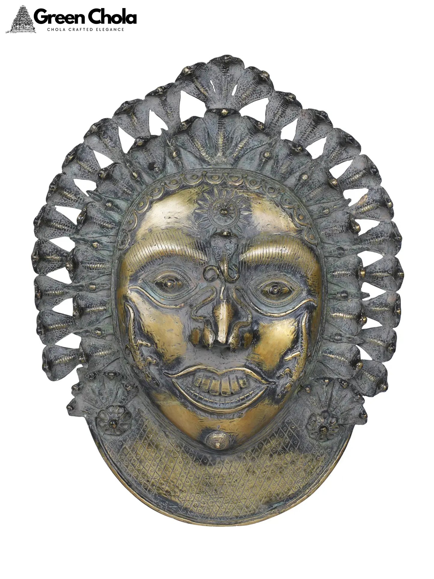 24-inch Brass Bhairava Mask with Serpent Crown - Handmade Wall Hanging