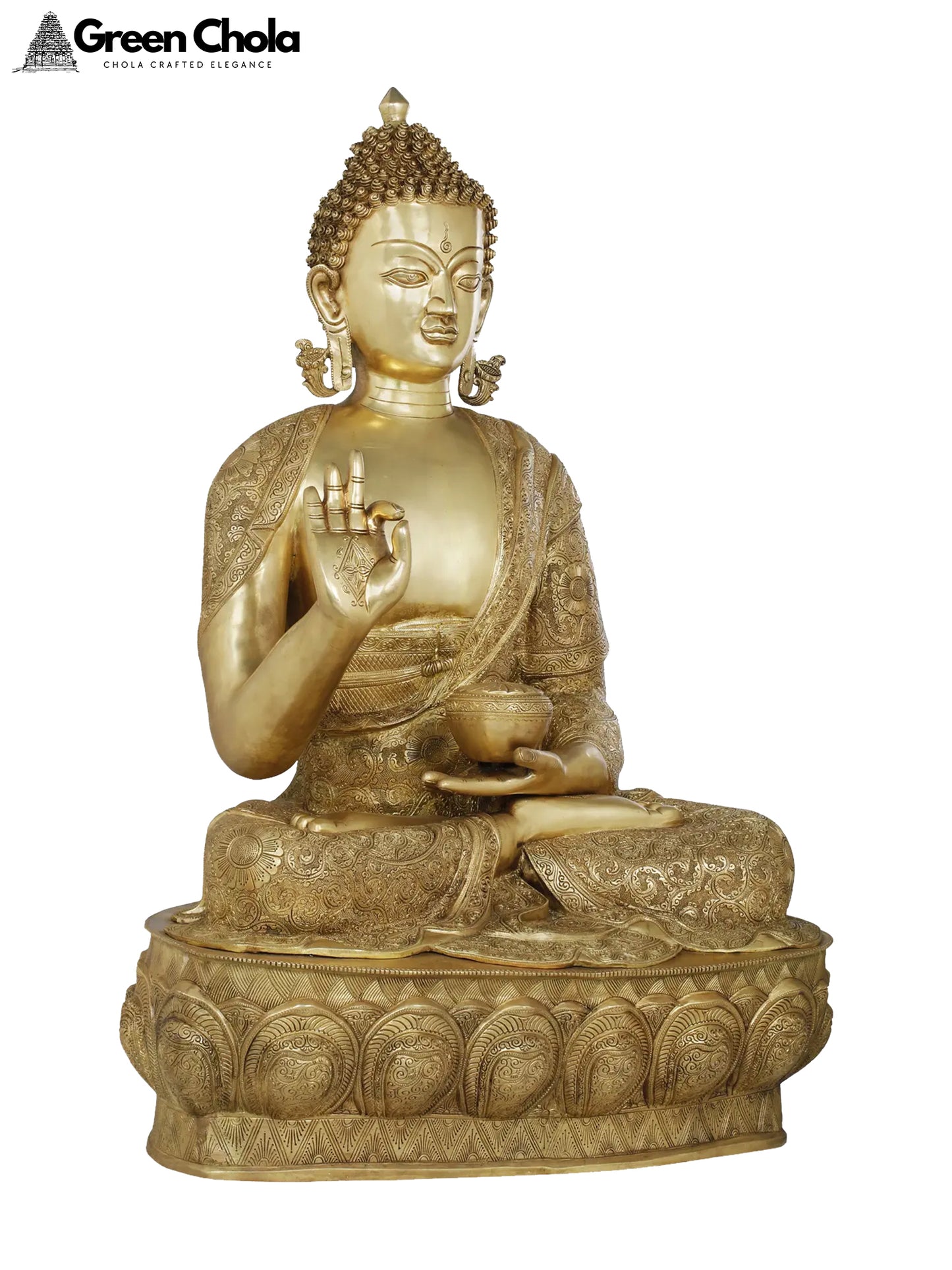 35-Inch Gracious Buddha Brass Statue Clad in a Luxuriant Robe | Handcrafted Indian Idol