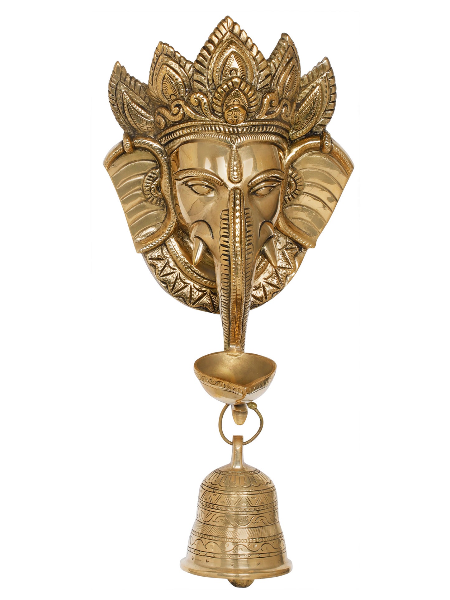 16" Crowned Ganesha Wall Hanging Mask with Lamp and Bell In Brass | Handmade | Made In India