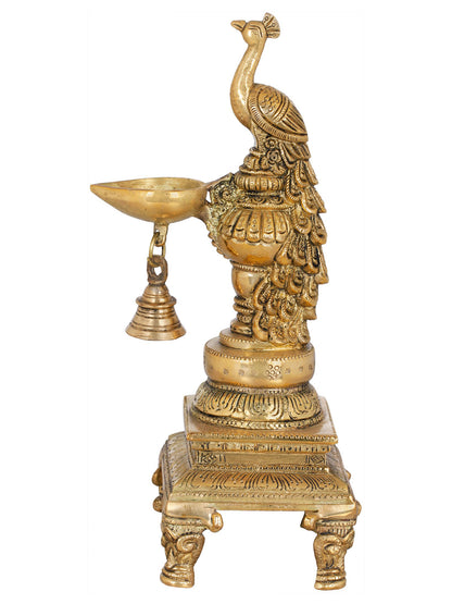 10" Peacock Bell Lamp on a Unique Pedestal In Brass | Handmade | Made In India