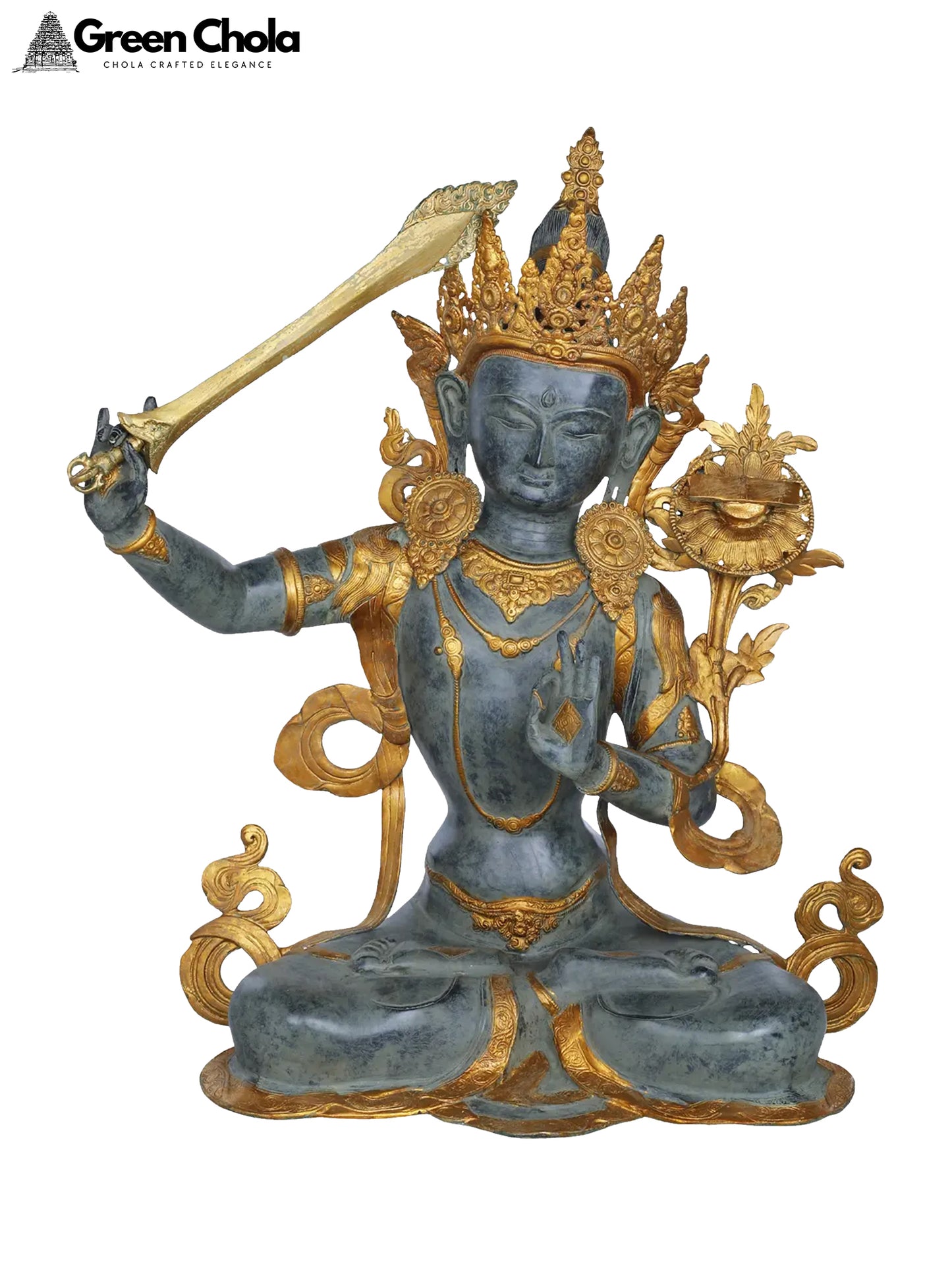 31-Inch Bodhisattva Manjushri Brass Statue with Striking Bitone Finish