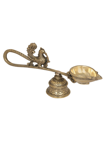 9" Handheld Peacock Aarti with Attached Bell as Stand in Brass | Handmade | Made in India