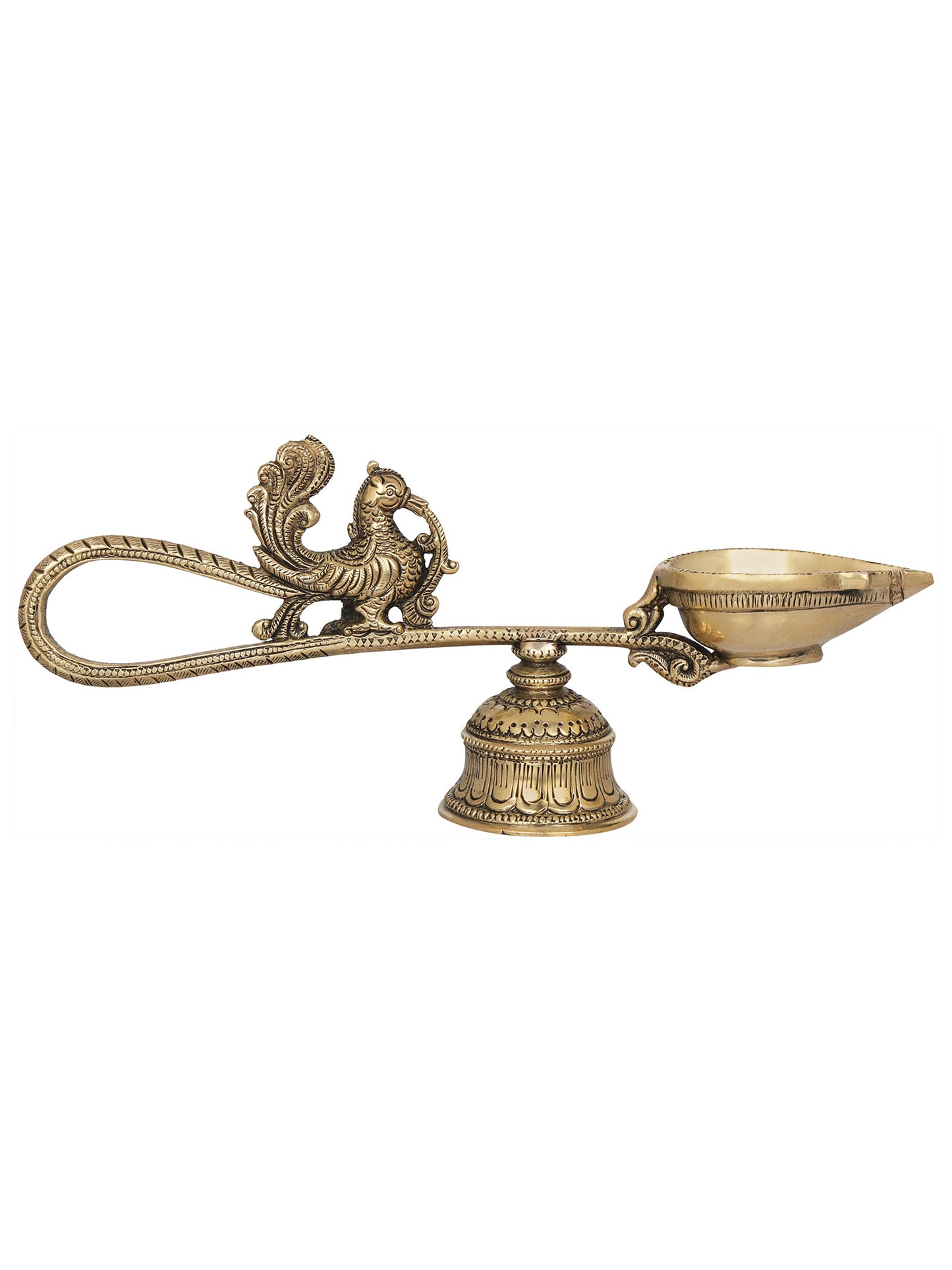 9" Handheld Peacock Aarti with Attached Bell as Stand in Brass | Handmade | Made in India