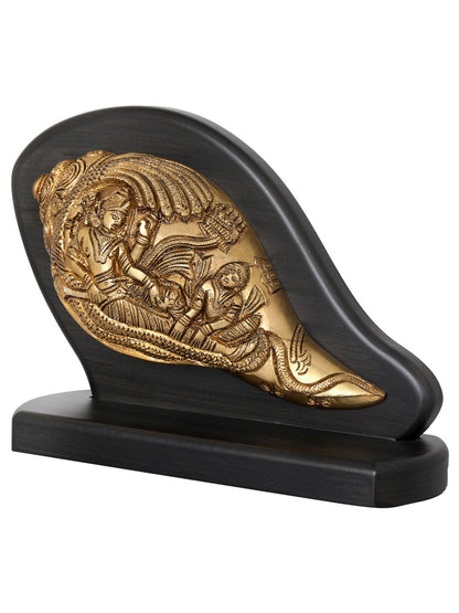 6" Sheshashayi Vishnu Conch for Car Dashboard | Brass & Wood | Handcrafted in India