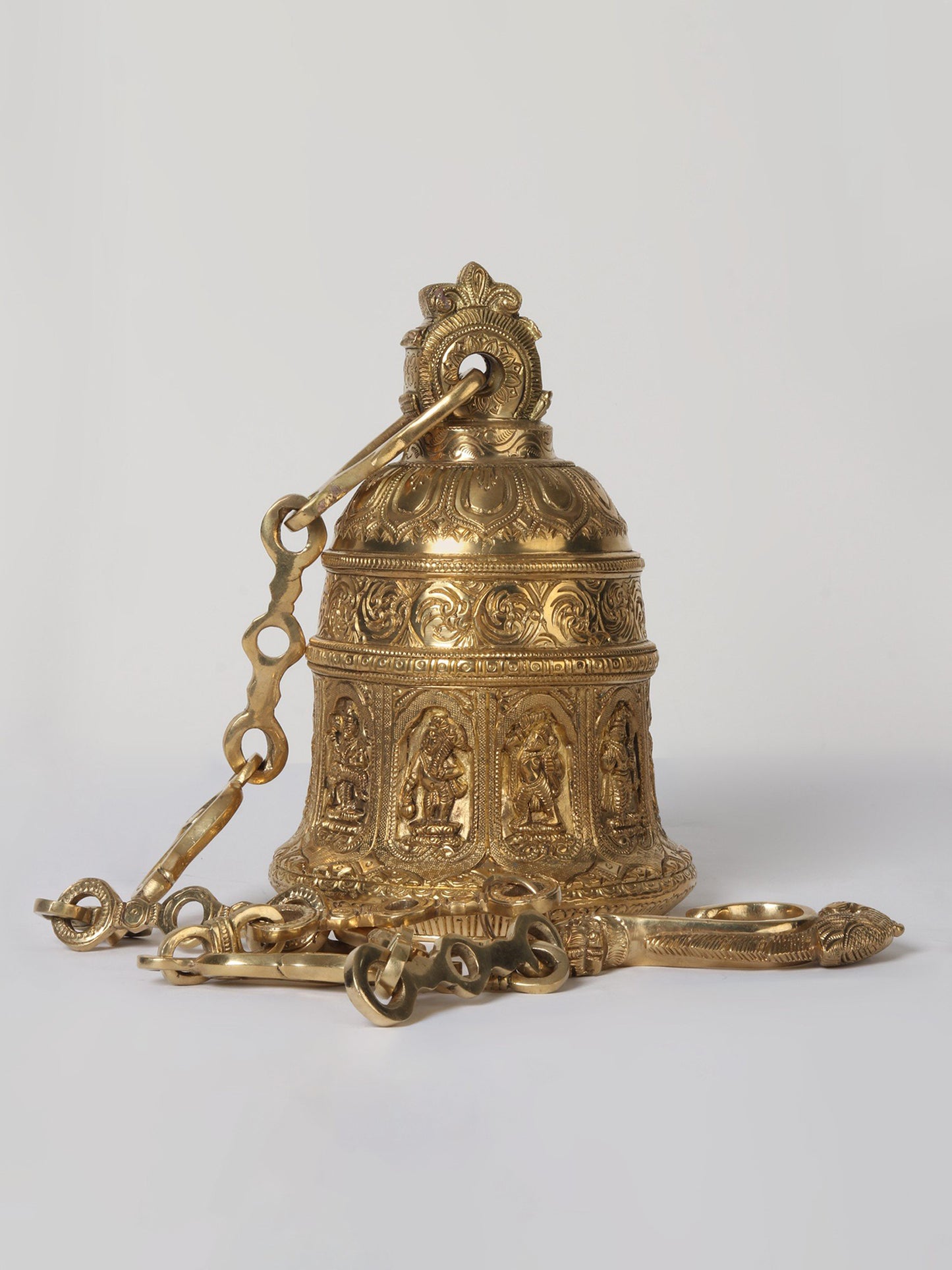 8" Dashavatara of Vishnu Temple Bell with Long Chain in Brass