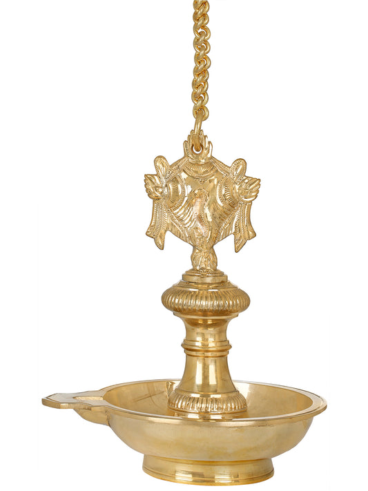 10" Roof Hanging Lamp with Vaishnava Symbols -Chakra In Brass | Handmade Brass Lamp