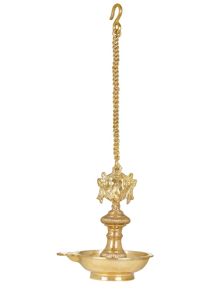 10" Roof Hanging Lamp with Vaishnava Symbols -Chakra In Brass | Handmade Brass Lamp