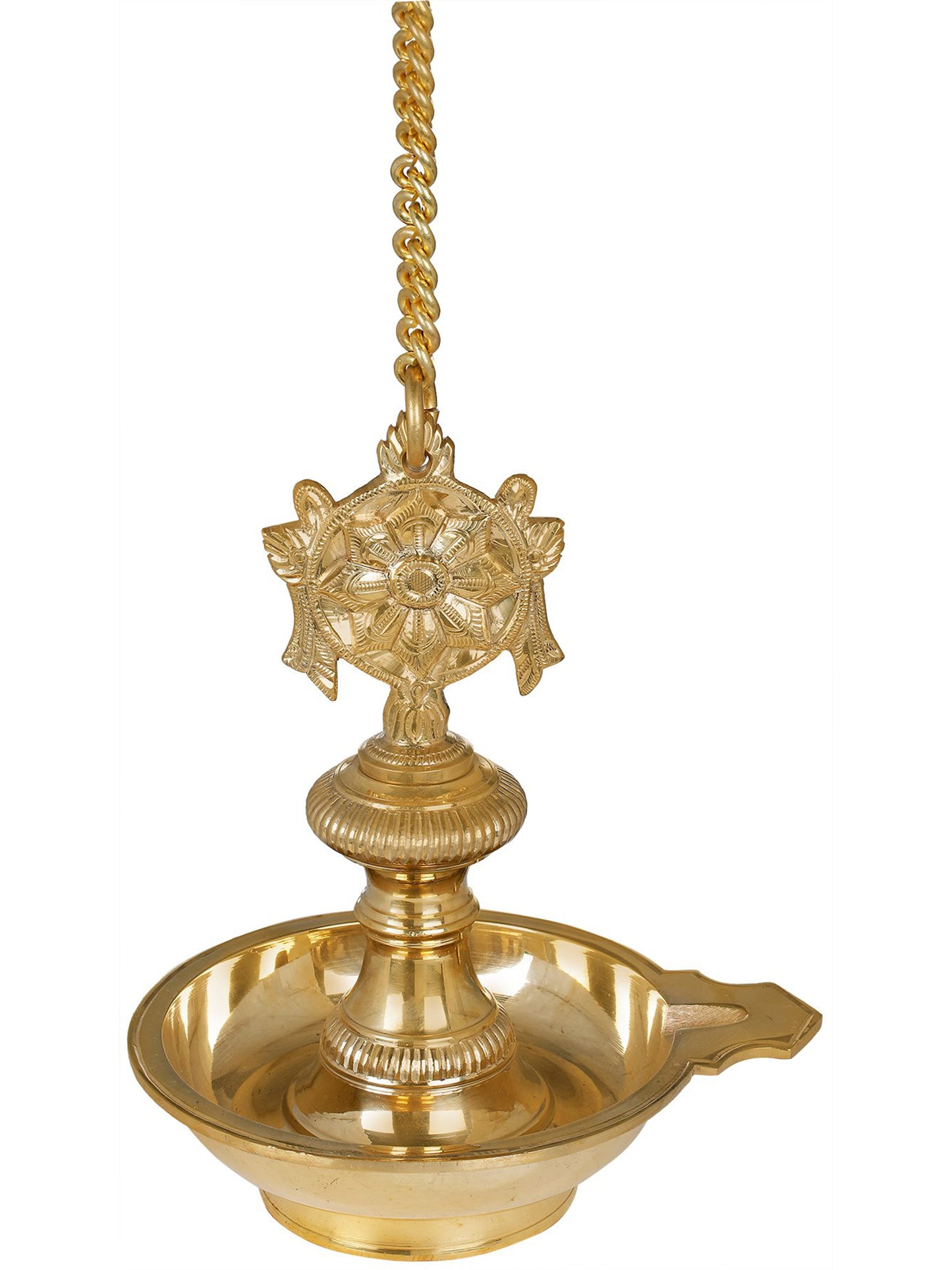 10" Roof Hanging Lamp with Vaishnava Symbols -Chakra In Brass | Handmade Brass Lamp