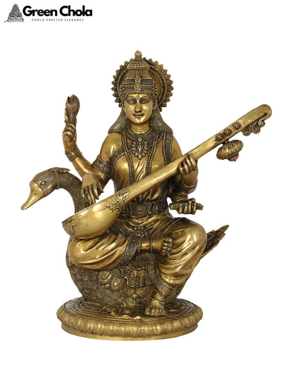 24-Inch Goddess Saraswati Brass Statue | Indian Handcrafted Idol