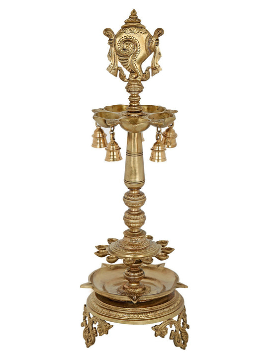 30" Vaishnava Symbol Multi Wick Lamp with Bells- Hoysala Art | Handmade Lamp | Made In South India