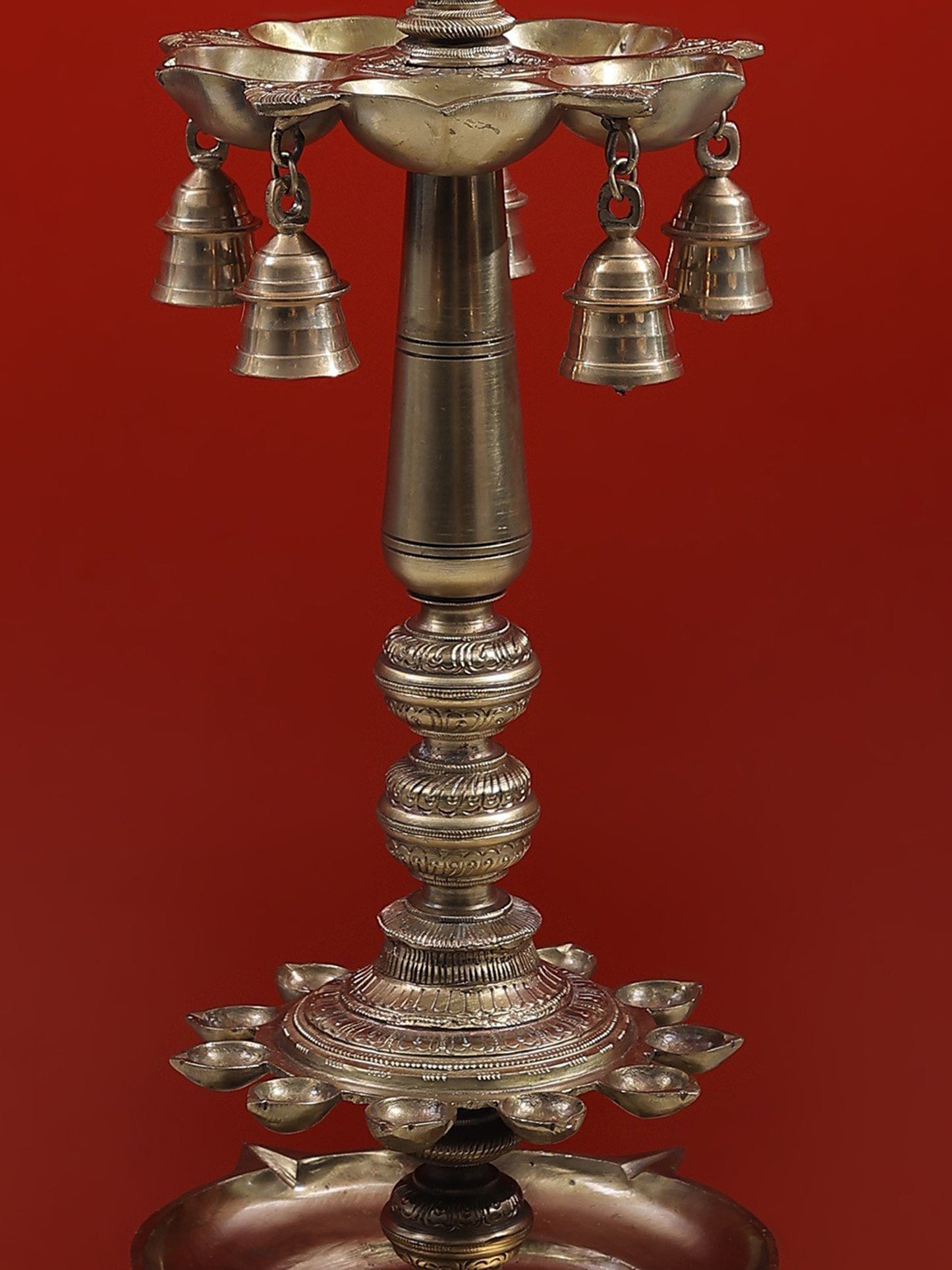 30" Vaishnava Symbol Multi Wick Lamp with Bells- Hoysala Art | Handmade Lamp | Made In South India