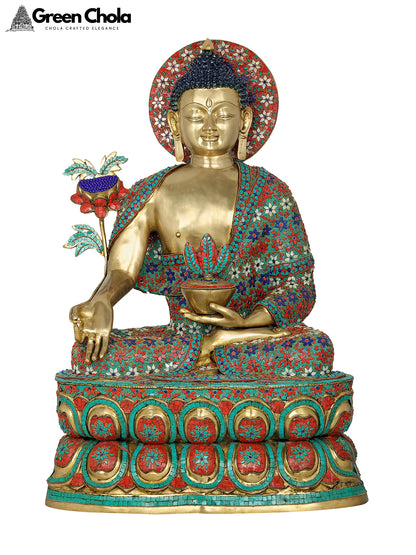 37-Inch Myrobalan Buddha Inlaid Brass Idol | Handcrafted Indian Statue