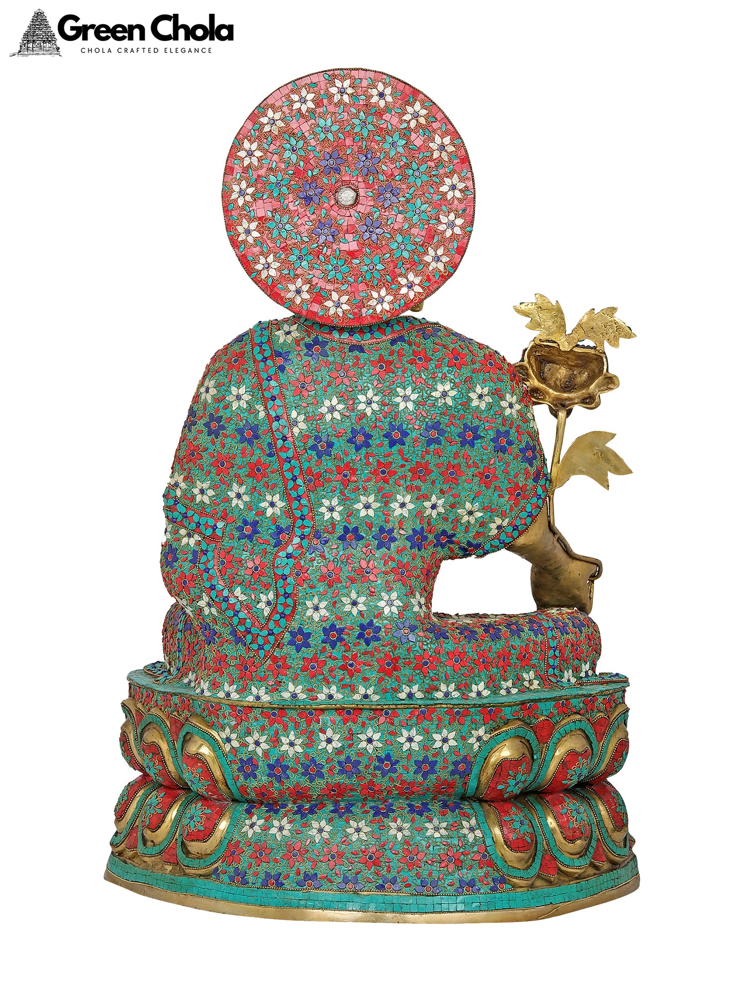 37-Inch Myrobalan Buddha Inlaid Brass Idol | Handcrafted Indian Statue