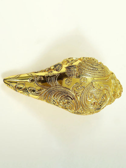 8" Lord Vishnu with Goddess Lakshmi Designer Conch In Brass | Handmade Conch | Ritual Brass Conch