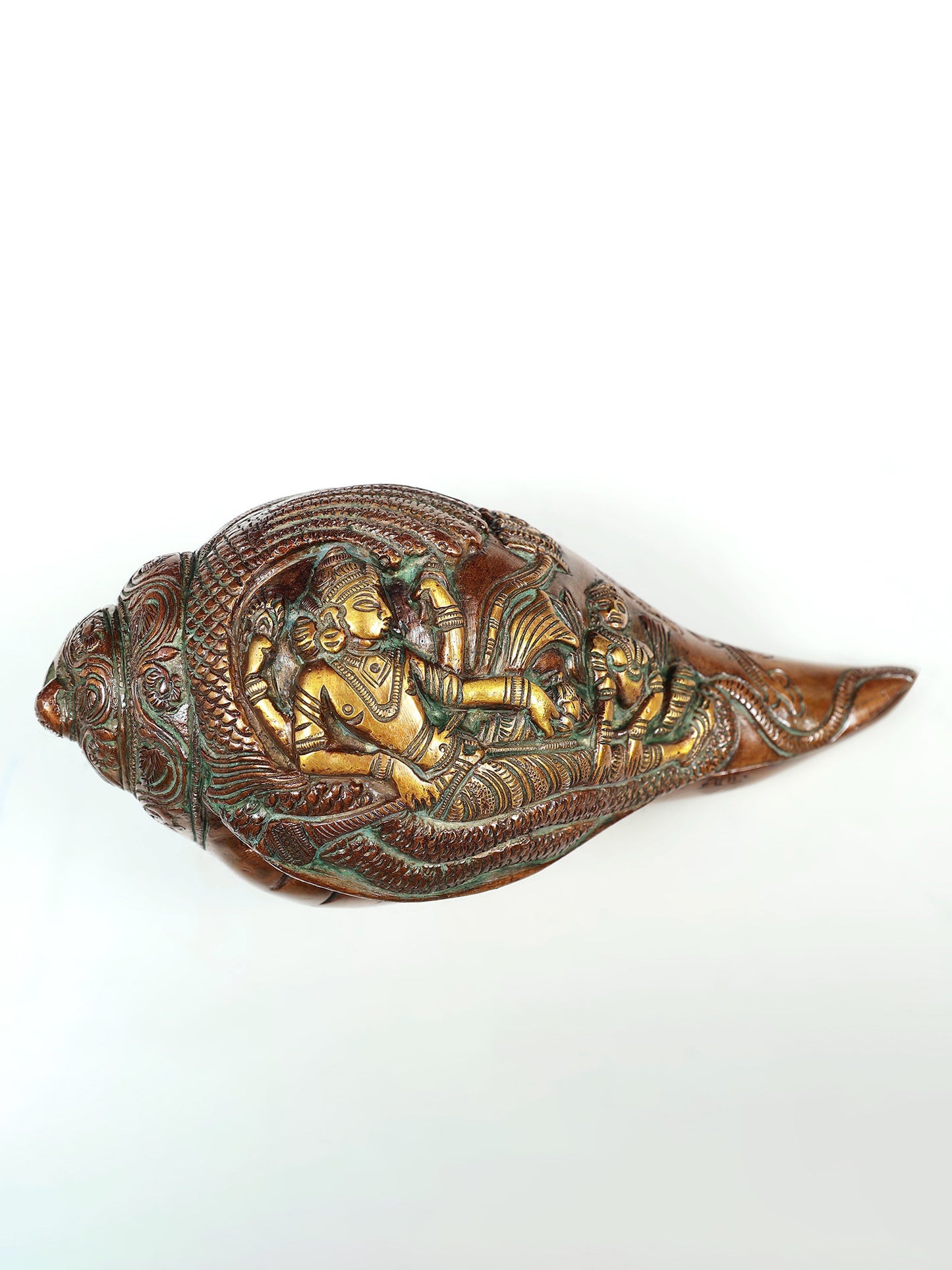 8" Lord Vishnu with Goddess Lakshmi Designer Conch In Brass | Handmade Conch | Ritual Brass Conch