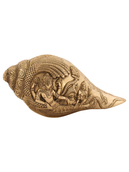 8" Lord Vishnu with Goddess Lakshmi Designer Conch In Brass | Handmade Conch | Ritual Brass Conch