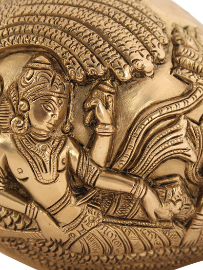 8" Lord Vishnu with Goddess Lakshmi Designer Conch In Brass | Handmade Conch | Ritual Brass Conch