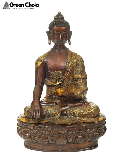 22-Inch Brass Buddha Statue Seated on a Gigantic Lotus Bloom Throne