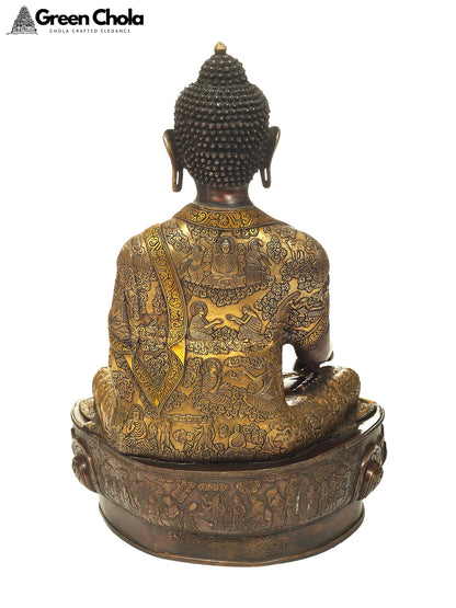 22-Inch Brass Buddha Statue Seated on a Gigantic Lotus Bloom Throne