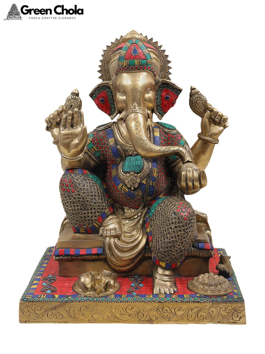 16-inch Colorful Inlay Blessing Ganesha Brass Statue | Indian Handcrafted Idol