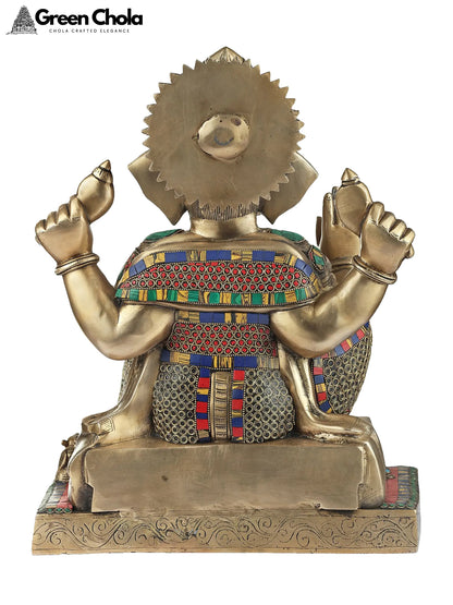 16-inch Colorful Inlay Blessing Ganesha Brass Statue | Indian Handcrafted Idol