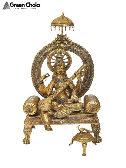 28-Inch Maa Saraswati Idol on Throne with her Vahana hamsa | Handmade Brass Statue