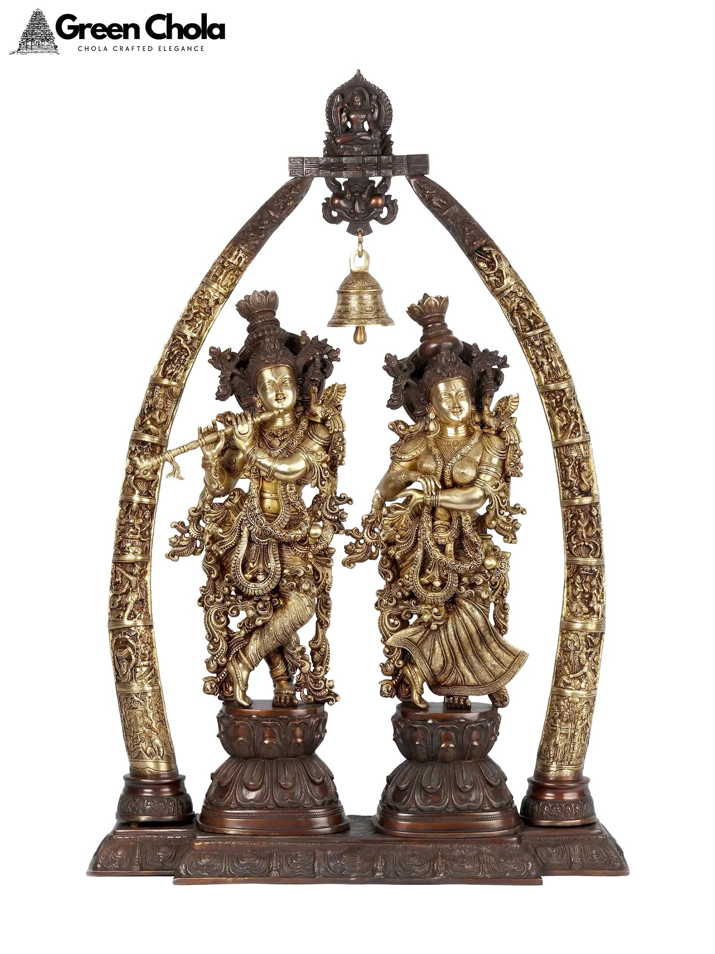 44-Inch Brass Radha-Krishna Idol within an Aureole Engraved with Krishna Leela Episodes