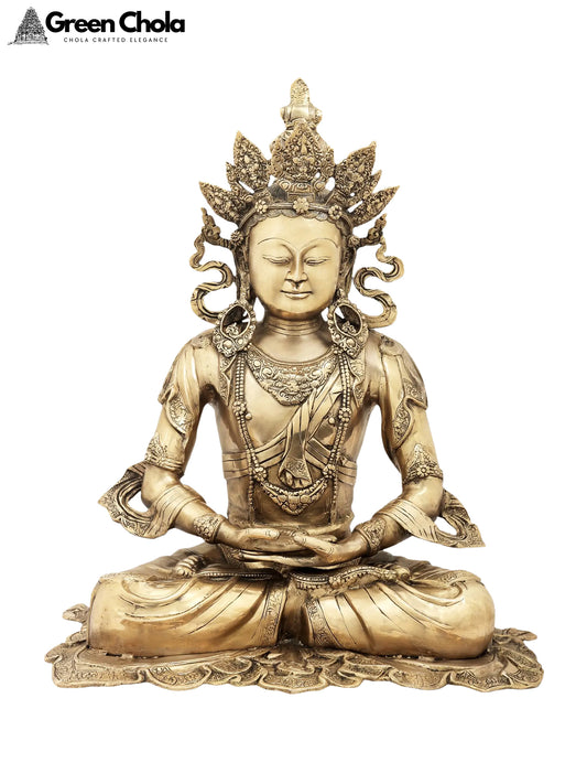 27" Large Seated Buddha Brass Statue with Five-Spired Crown