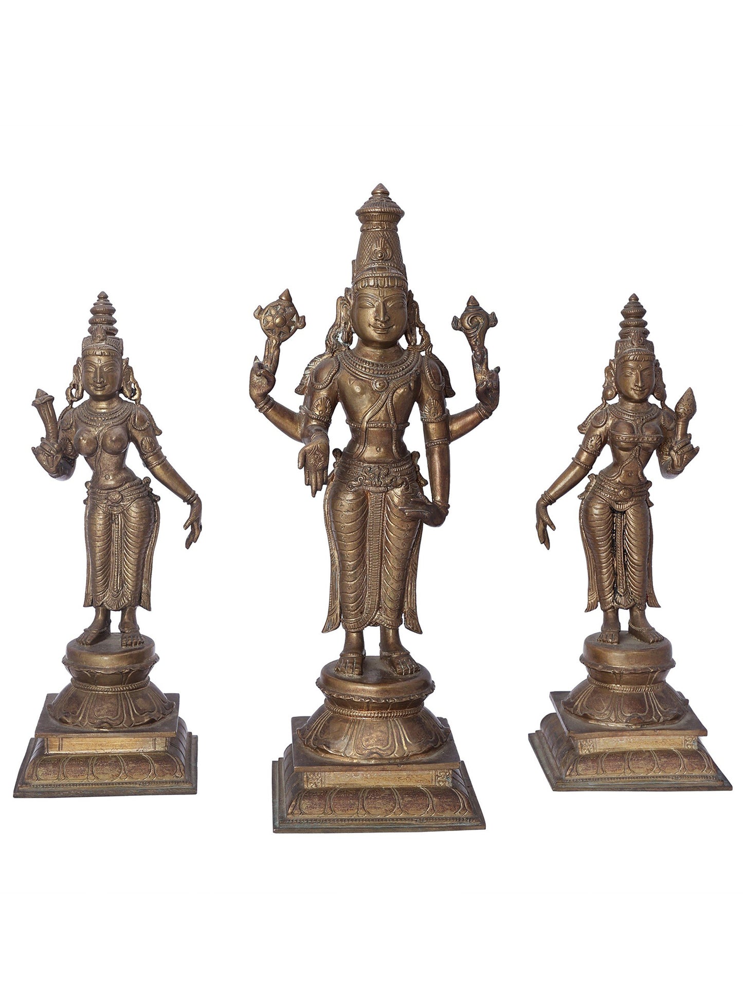 12" Perumal With Sri Devi And Bhu Devi Bronze Set | Handmade Idol | Bronze Statue For Temple