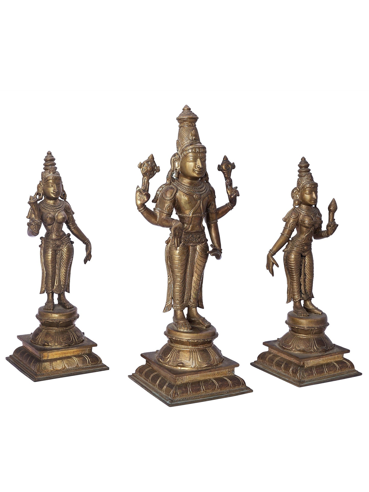 12" Perumal With Sri Devi And Bhu Devi Bronze Set | Handmade Idol | Bronze Statue For Temple