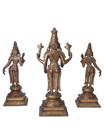 12" Perumal With Sri Devi And Bhu Devi Bronze Set | Handmade Idol | Bronze Statue For Temple