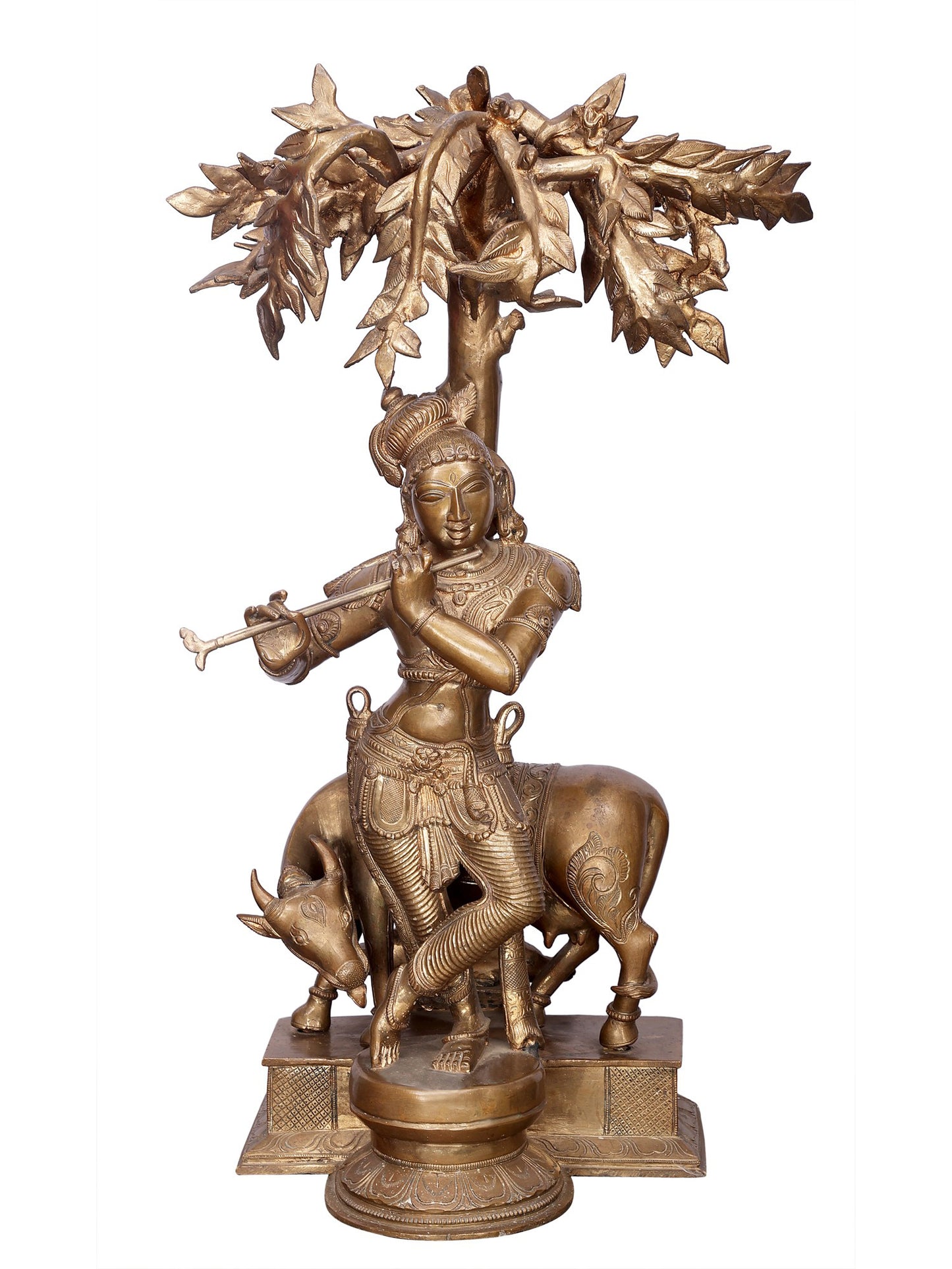 26" Krishna With Cow In Bronze Statue | Handmade Lord Krishna Statue | Bronze Statue For Temple