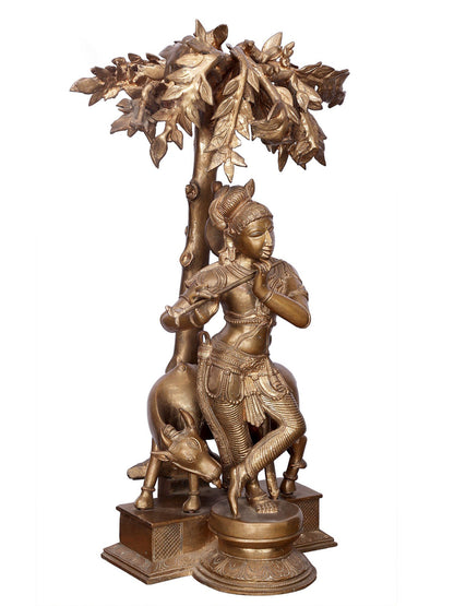 26" Krishna With Cow In Bronze Statue | Handmade Lord Krishna Statue | Bronze Statue For Temple