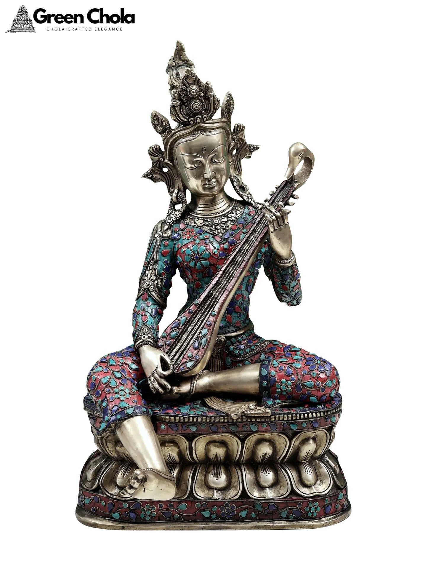 22-inch Nepalese form of Saraswati Brass Idol with Inlay Work