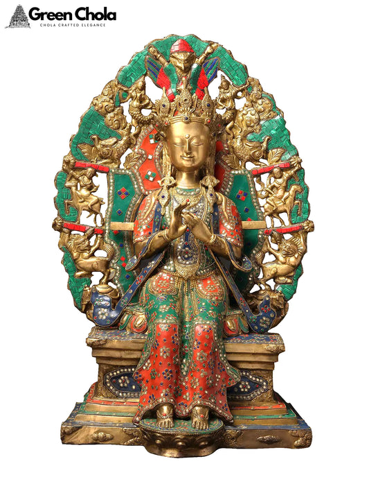 27-inch Buddha Maitreya Brass Statue with Inlay Work