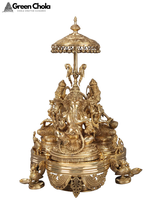 26-Inch Revolving Ganesha, Lakshmi, and Saraswati Sculpture