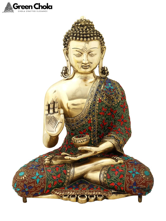 20-inch Gautam Buddha Brass Statue Preaching His Dharma with Inlay Work