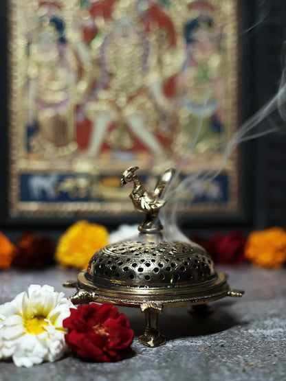 6" Peacock Incense Burner with Tortoise Base in Brass | Handmade