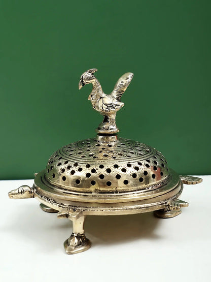 6" Peacock Incense Burner with Tortoise Base in Brass | Handmade