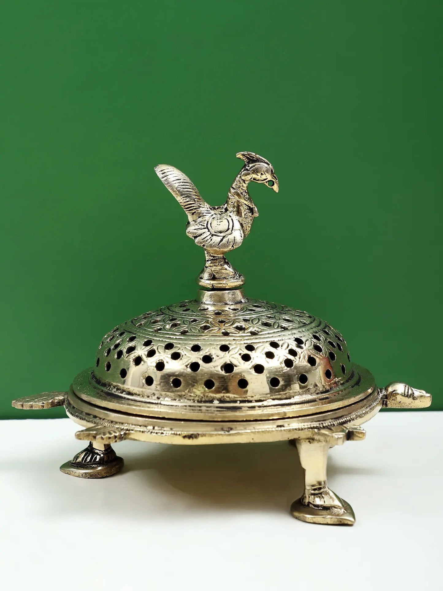 6" Peacock Incense Burner with Tortoise Base in Brass | Handmade