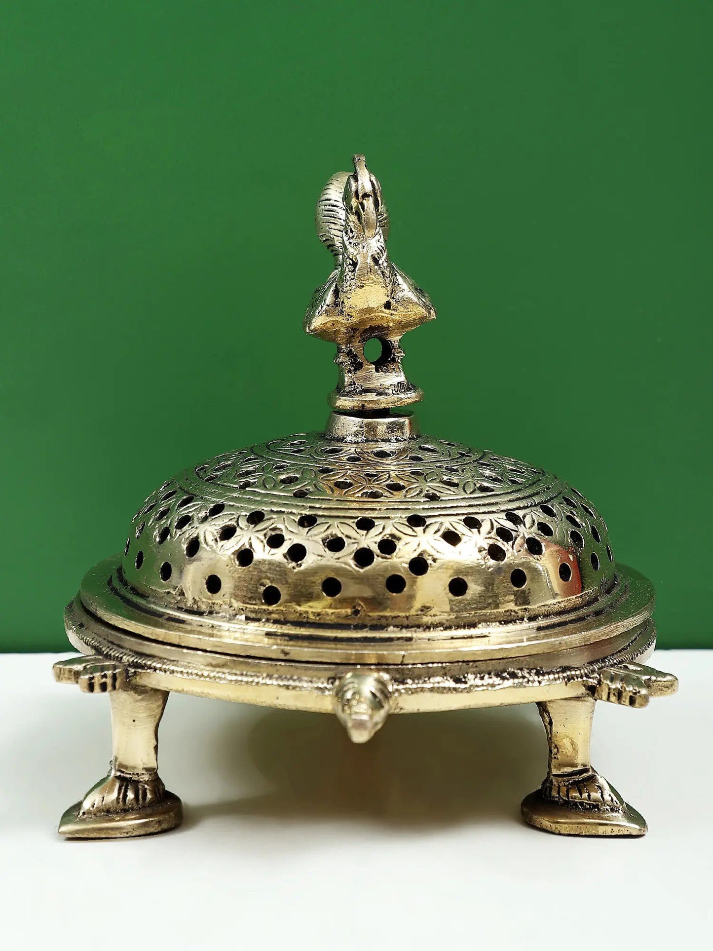 6" Peacock Incense Burner with Tortoise Base in Brass | Handmade