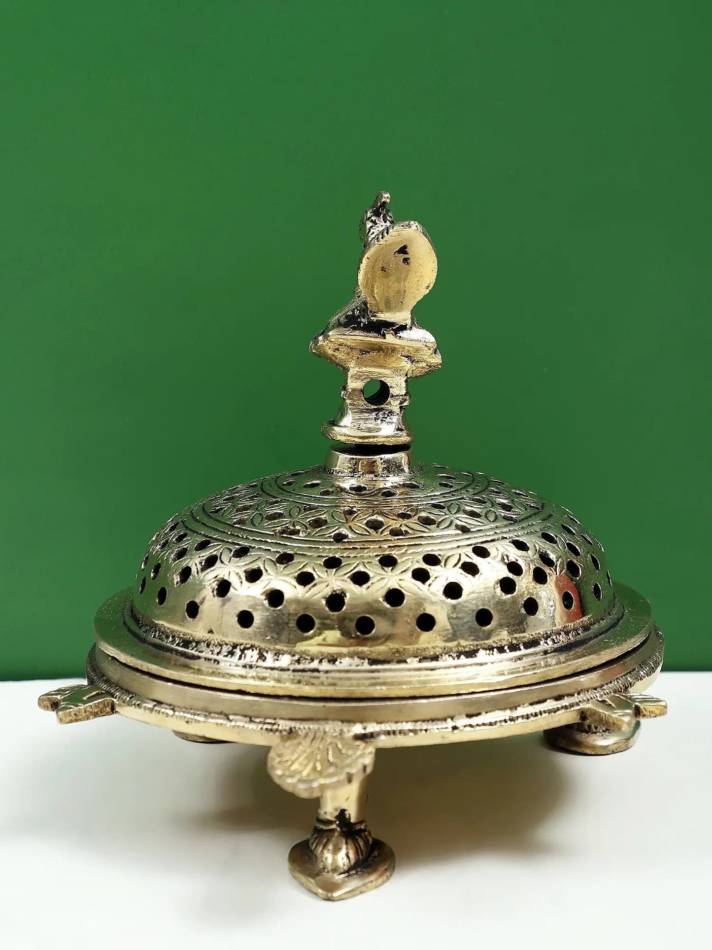 6" Peacock Incense Burner with Tortoise Base in Brass | Handmade