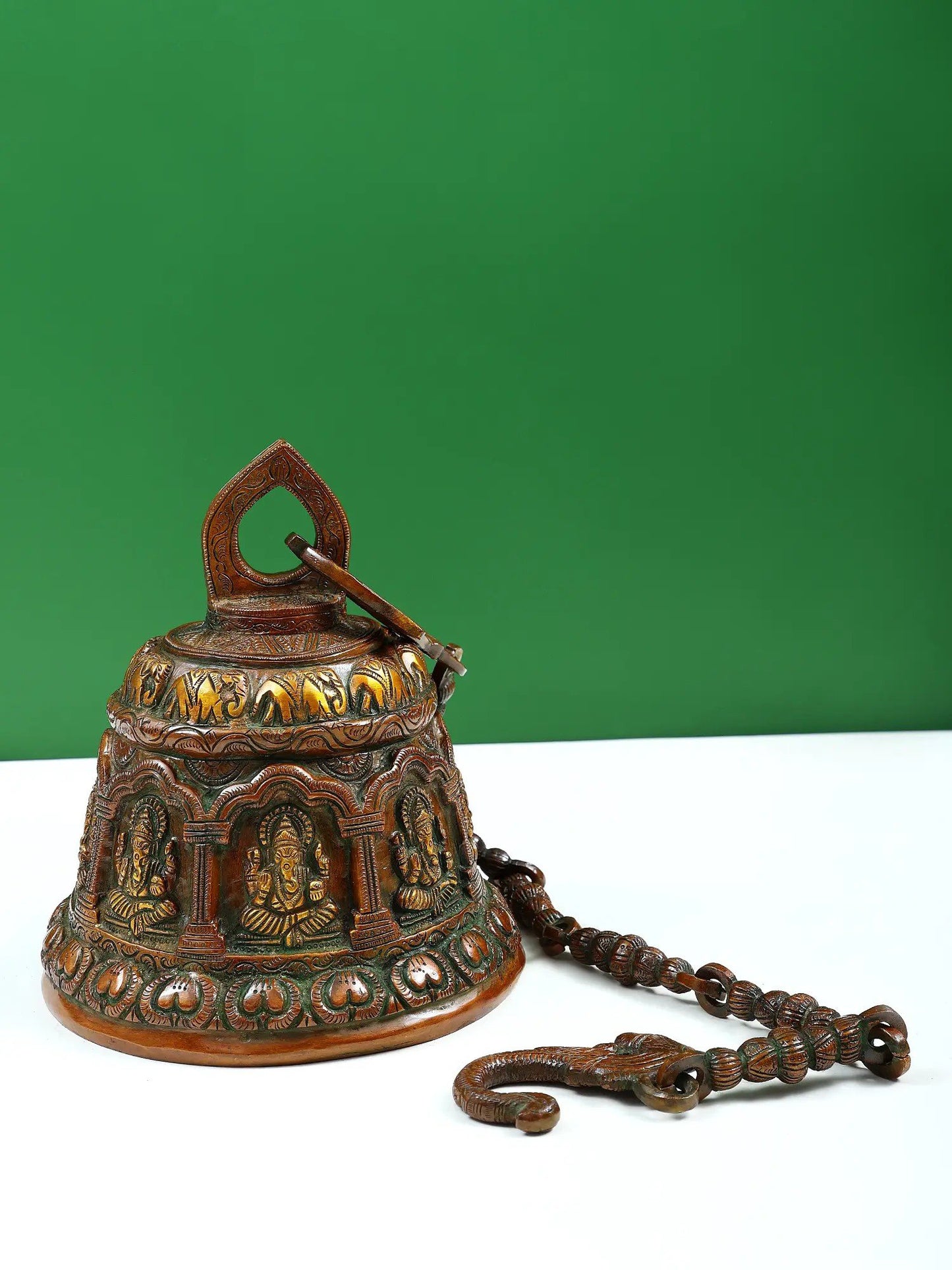 8" Brass Lord Ganesha Temple Hanging Bell with Elephant Design | Handmade