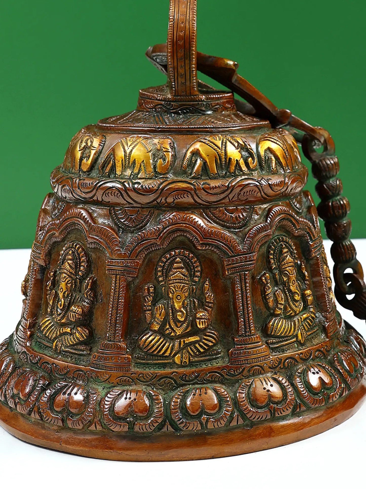 8" Brass Lord Ganesha Temple Hanging Bell with Elephant Design | Handmade