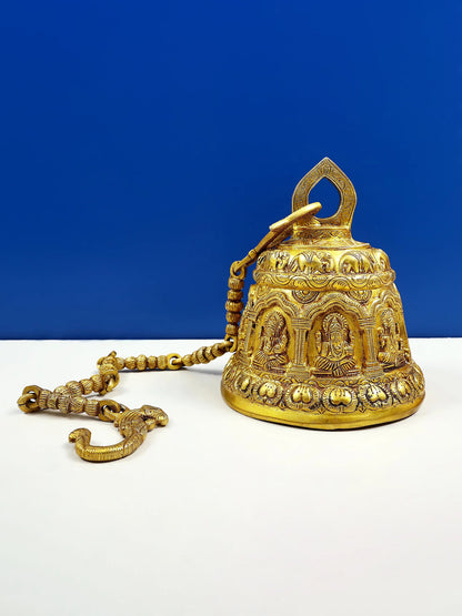 8" Brass Lord Ganesha Temple Hanging Bell with Elephant Design | Handmade