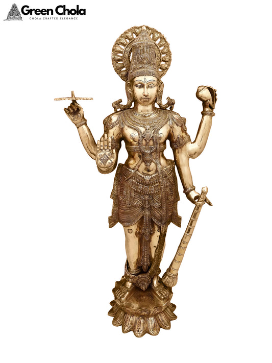 38-inch Large Standing Lord Vishnu Statue | Handmade Brass Sculpture