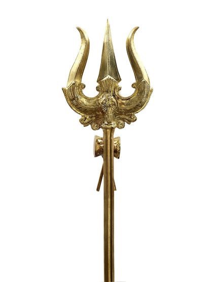 Large Size Designer Trident With Small Damru | Handmade Brass Trishul For Gifting