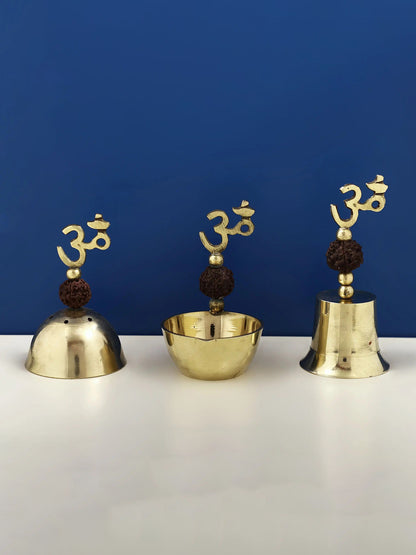 Small Set of Three Puja Item (Diya, Bell and Incense Burner) | Handmade