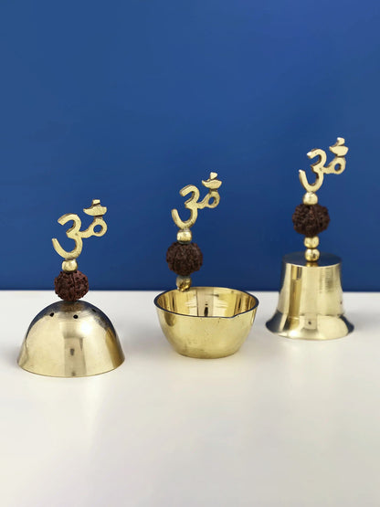 Small Set of Three Puja Item (Diya, Bell and Incense Burner) | Handmade